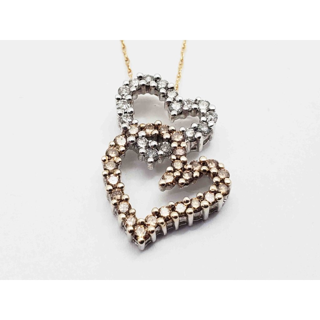 0.4 Ctw Two-Tone Diamond Double Linked Hearts Pendant 14k White Gold